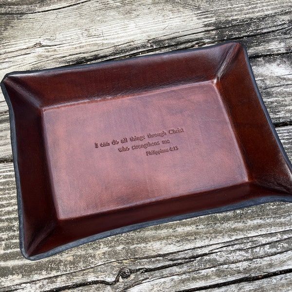 Philippians 4:13 Rectangular Leather Valet Tray. Religious Gift Leather Valet Tray.