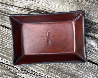 Rectangular Leather Tray. Religious Keepsake Valet and Catchall. Embossed Cross Leather Desk Organizer. Brown and Black.