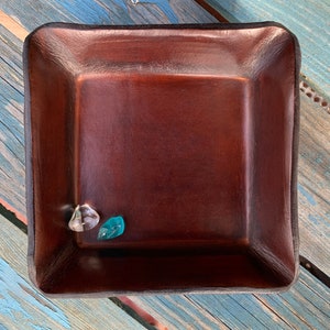 Handcrafted Brown Leather Valet Tray. Leather Catchall.