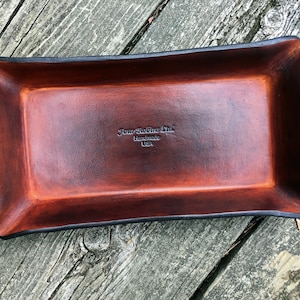 Leather Valet Tray. Hand Molded, Dyed, and Embossed Leather desk Valet with Logo in Timber Brown. Third Anniversary Gift. Four Robins Logo.