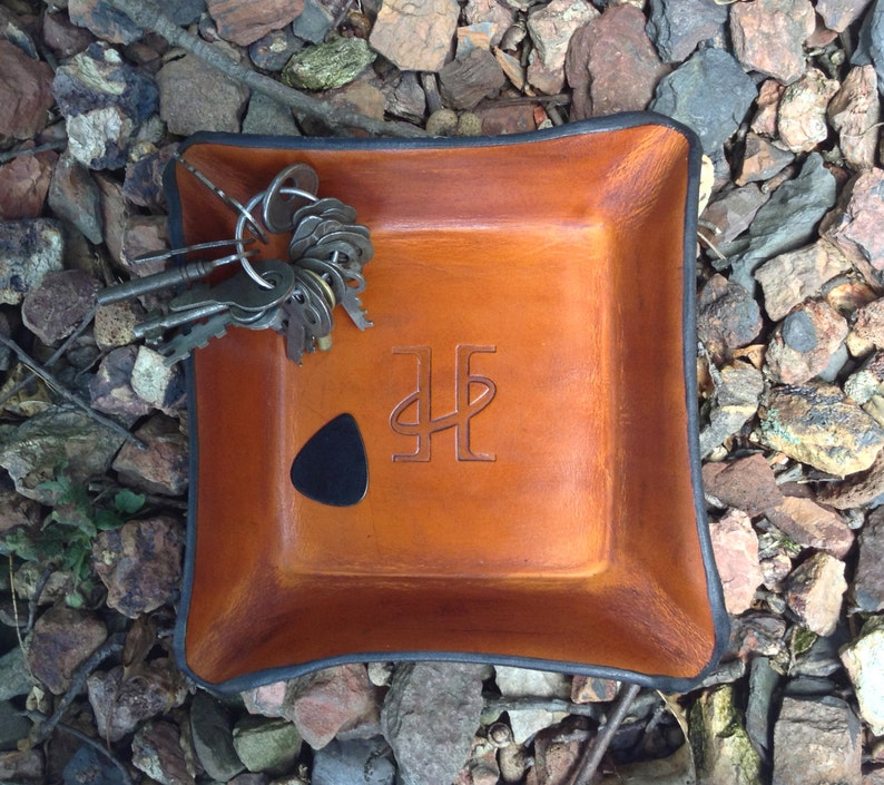 Gifts for Men Desk Organizer Catchall Tray Twin Saints Leather Logo Leather Tray Made in the USA. Leather Valet Tray