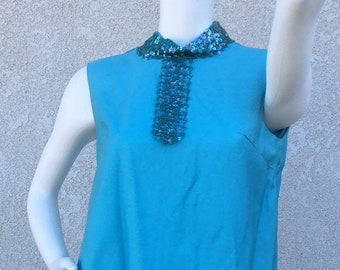 Vintage 1960s Aqua Sheath Dress Sequin Collar Neck