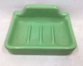 Vintage Green Porcelain Bathroom Soap Dish 4 3/8 x 3 1/4”