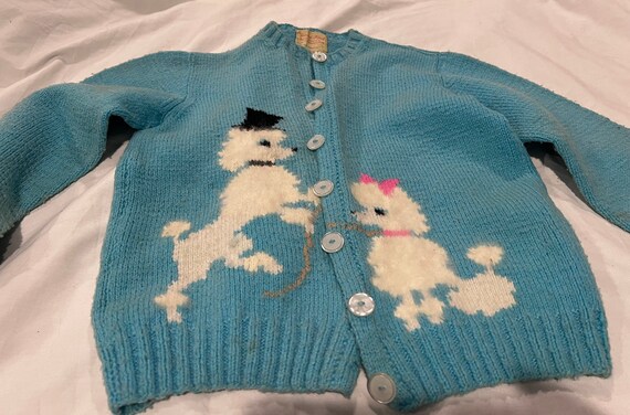 Vintage Hand Knit Child Sweater Poodles Pink Aqua - image 6