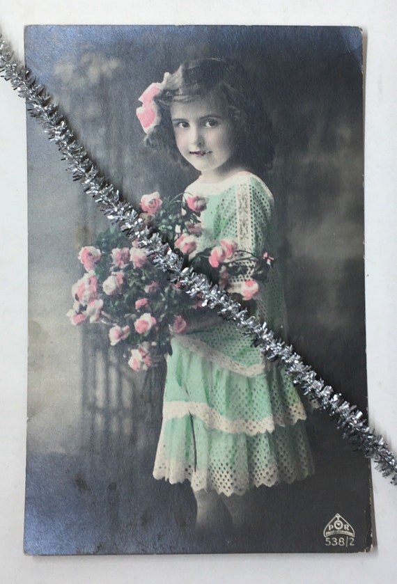 Edwardian Tinted Photo Postcard Beautiful Girl Green Dress Flower Bouquet Roses RPPC