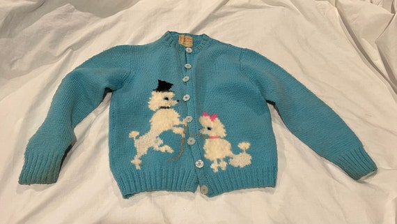 Vintage Hand Knit Child Sweater Poodles Pink Aqua - image 10