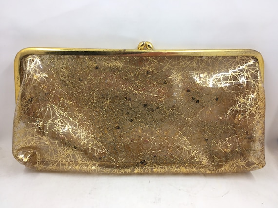 Vintage Clear Gold Glitter Plastic Clutch Purse