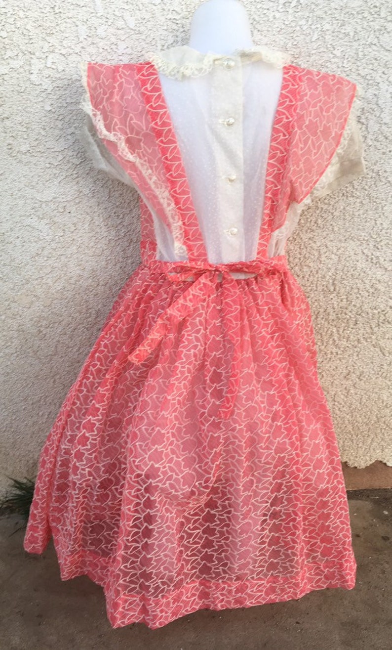 Vintage 1950s 50s Little Girl Child Dress Flocked Pink Chiffon Pinafore image 2