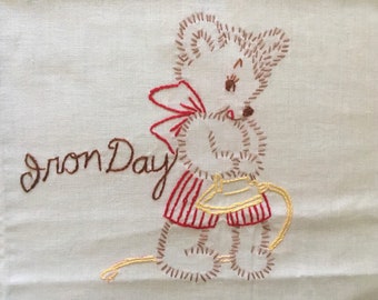 Vintage Embroidered Flour Sack Dish Towel Cute Teddy Bear