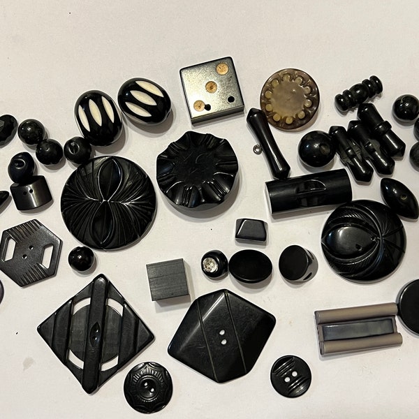 Button and Plastic Piece Lot Black Bakelite, etc