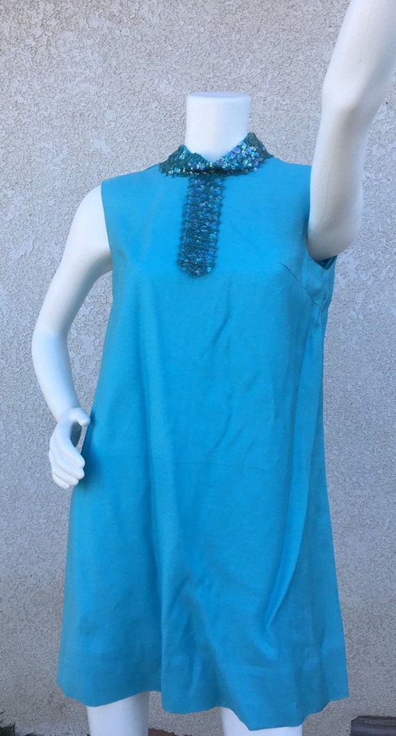 Vintage 1960s Aqua Sheath Dress Sequin Collar Neck
