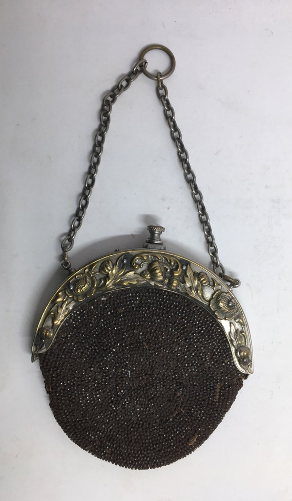 Antique Leather Beaded Purses Flowers Roses Silver Gem