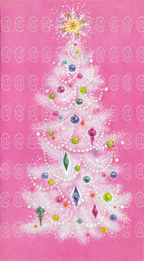 digital download vintage christmas card christmas tree pink etsy pink christmas card