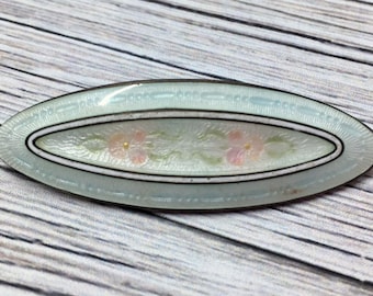 Vintage Sterling Silver Guilloche Enamel Rose Brooch Pin Pink, Aqua Blue and White 2 1/8"