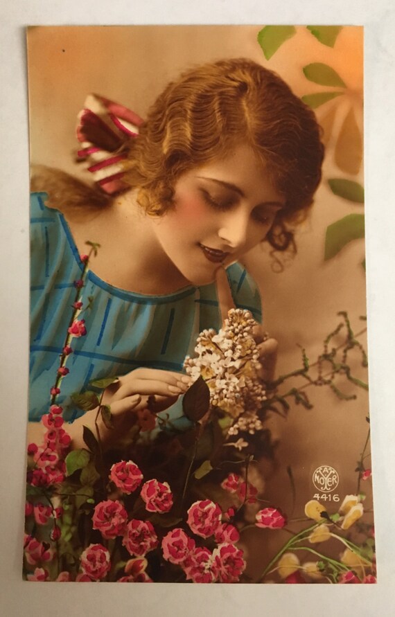 Antique 1930s French Tinted Photo Postcard Beautiful Woman Art Etsy