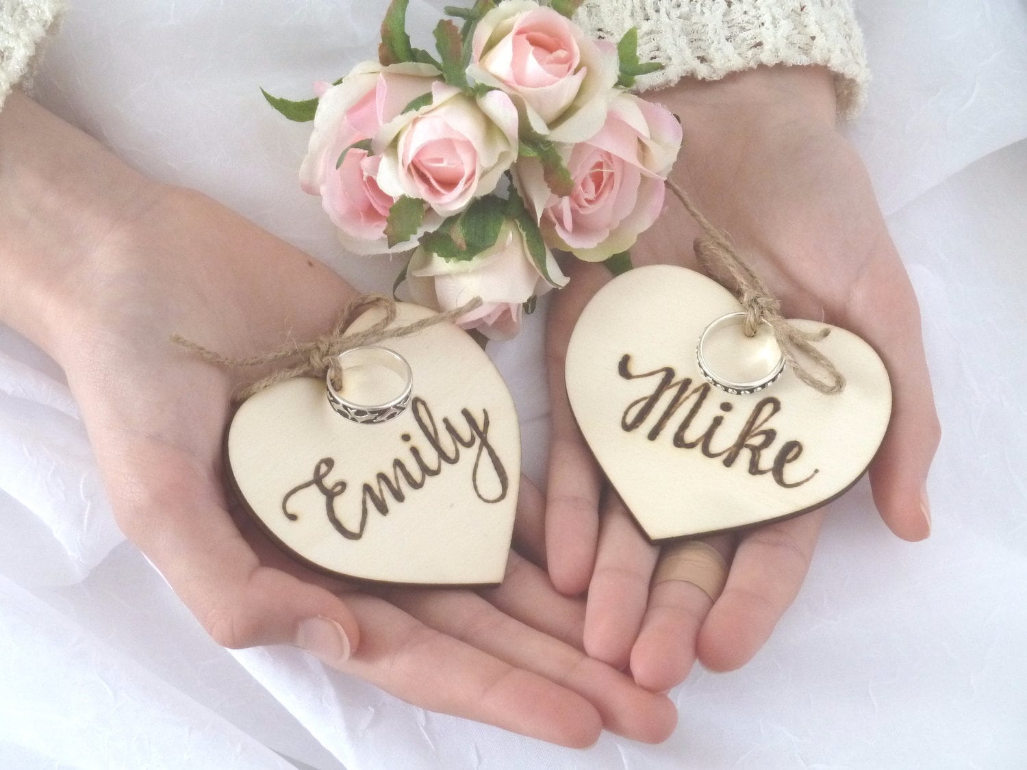 Ring Pillow Box, Wood Ring Holder. Two Personalized Wooden Hearts for Rings. Wedding Ring Box alternative. Custom Wooden Hearts. Mr and Mrs