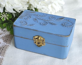 Caja de madera para anillos color azul viejo y dorado. Caja de anillos de boda. Portador de alianzas. Cojín alternativo, personalizado.