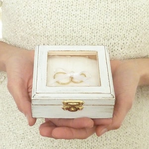 Rustic Wooden Wedding Ring Box, Ring Pillow Alternative. White Wedding Ring Bearer, Shabby Chic Beach Wedding Ring Box, Engraved