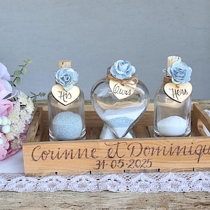 Wedding Unity Sand Ceremony Set with Dusty Blue Roses and Personalized Tray and Hearts