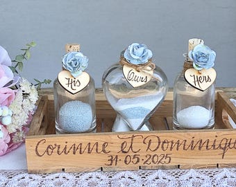 Wedding Unity Sand Ceremony Set with Dusty Blue Roses and Personalized Tray and Hearts