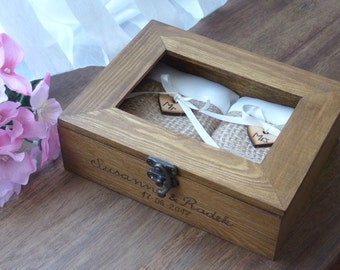 Large Wooden Wedding Ring Box with Photo Frame. Personalized, Engraved Rustic Ring Bearer.