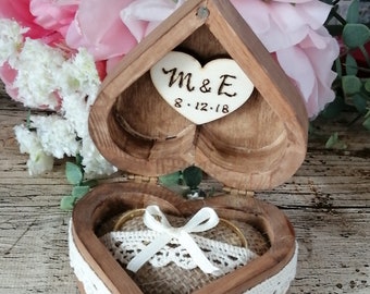 Wedding Ring Box Wooden. Heart Shaped Rustic Ring Bearer. Personalized Ring Pillow Alternative. Engraved Ring Holder.