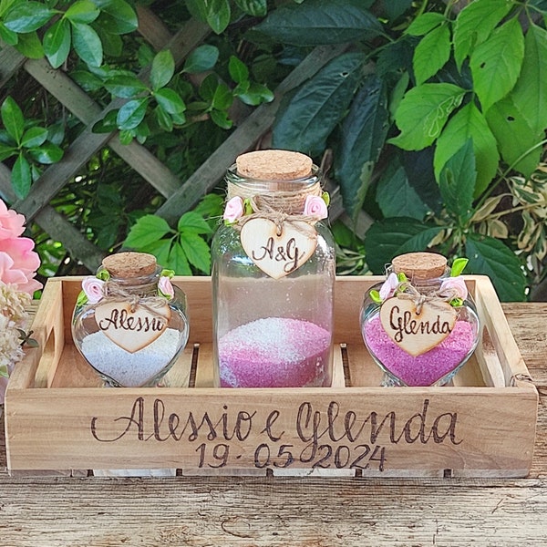 Wedding Family Unity Sand Ceremony Set. Heart-shaped Glass Bottles and Engraved Wooden Tray.