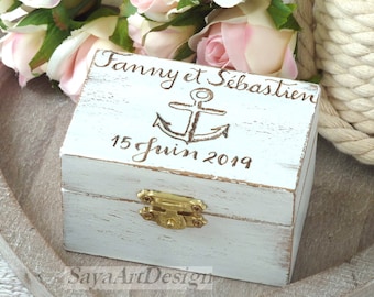 Nautical or Beach Decorated Custom Personalized Wedding Ring Box. Wooden Rustic Ring Pillow alternative.