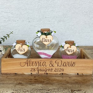 Wedding Sand Ceremony Kit: Engraved Heart Bottles & Wooden Tray