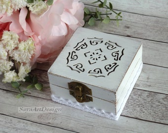 Ring Bearer Box With Pillow. White Wedding Ring Box. Ring Holder Rustic Oriental Carved. Personalized Wooden, Engraved.