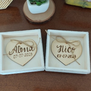 Ring Pillow Box, Wood Ring Holder. Two Personalized Wooden Hearts for Rings. Wedding Ring Box alternative. Custom Wooden Hearts. Mr and Mrs image 5