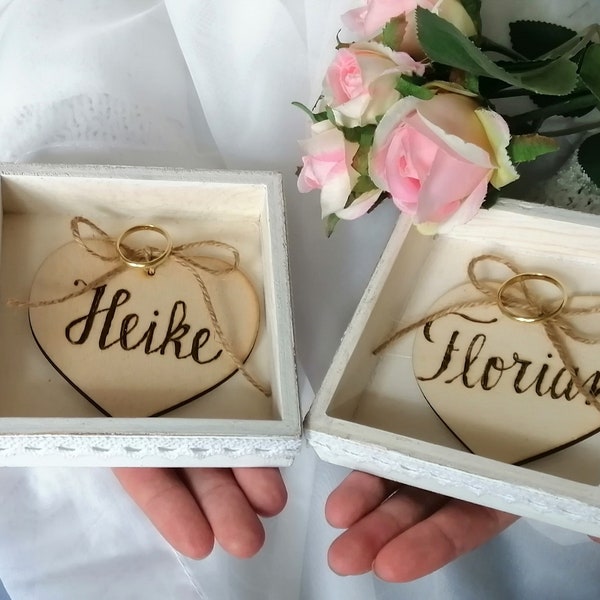 Wooden Ring Bearer Box With Personalized Hearts. White Wedding Ring Box. Pillow Alternative. Bride And Groom Ring Holders.