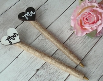 Wedding Rustic Guest Book Pen. Mr Mrs Burlap Decorated Pen with Personalized Hearts. Set of 2 Wedding Decor Gift