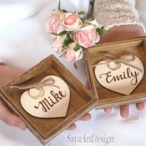 Ring Pillow Box, Wood Ring Holder. Two Personalized Wooden Hearts for Rings. Wedding Ring Box alternative. Custom Wooden Hearts. Mr and Mrs Hearts+wooden boxes