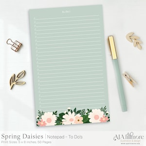 To Do List Notepad, Cute Task Planner, 5x8 Tear Off Pad, Daily Checklist, Floral Stationery, Office Desk Notepad, Productivity Gift, Notepad