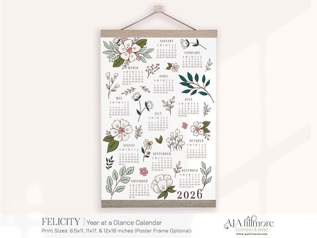 2026 Year at a Glance Calendar, 2026 Calendar, Wall Calendar, 2026 Wall