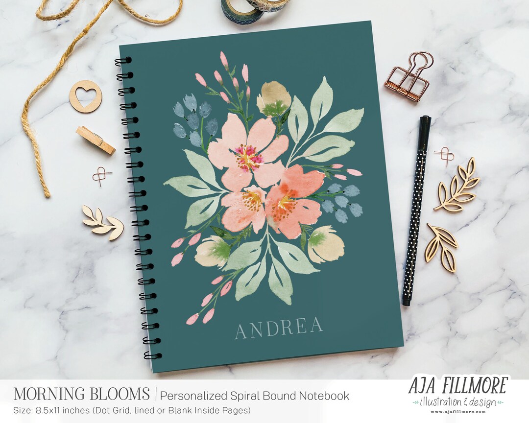 Personalized Flower Notebook, Spiral Notebook, Dot Grid Notebook ...