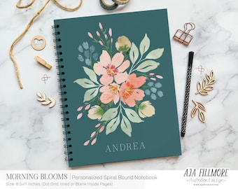 Personalized Flower Notebook, Spiral Notebook, Dot Grid Notebook, Letter Sized Notebook, Floral Notebook, Floral Journal, Gift for Her, Gift