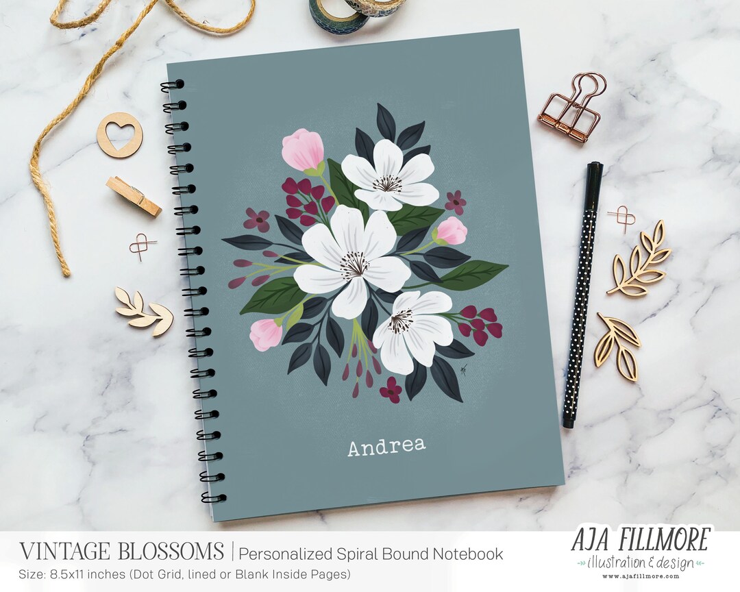 Personalized Flower Notebook, Spiral Notebook, Dot Grid Notebook ...