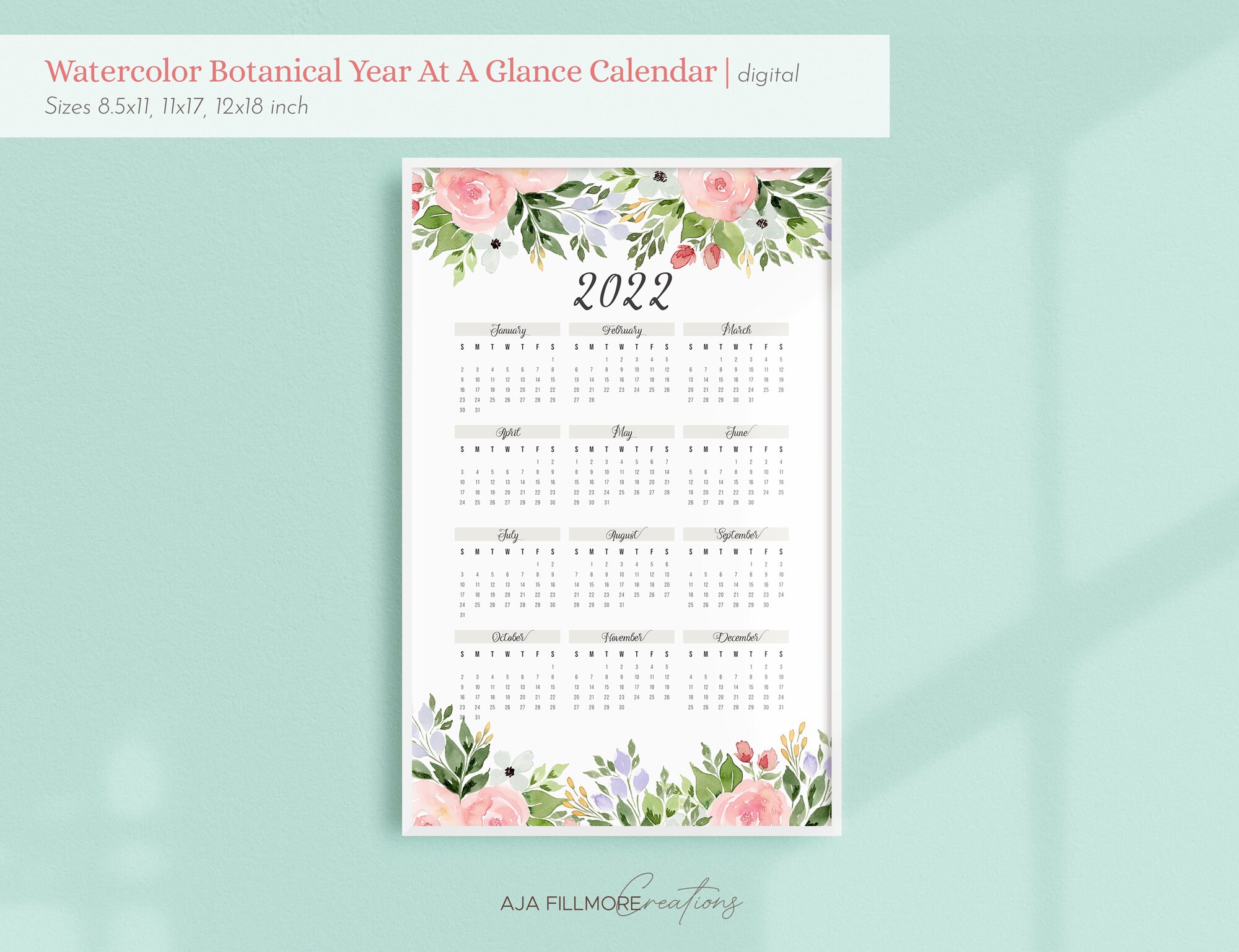 2022 Year at a Glance Calendar 2022 Wall Calendar Digital Etsy