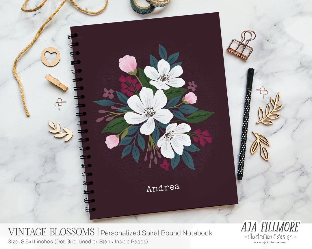 Personalized Flower Notebook, Spiral Notebook, Dot Grid Notebook ...