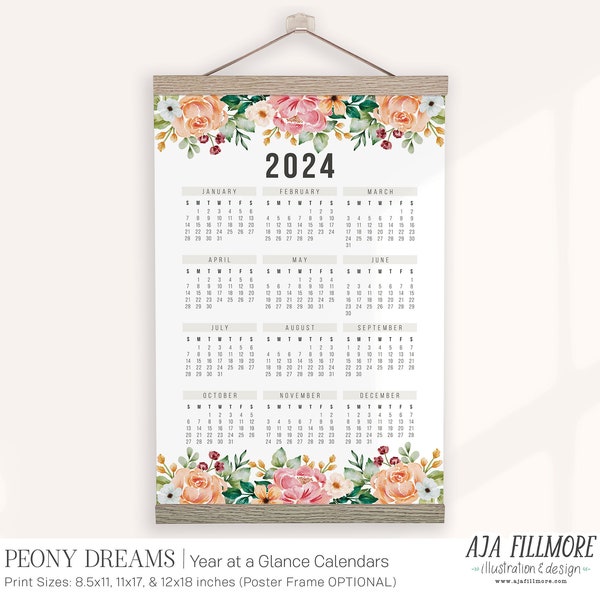 Year at a Glance Calendar, 2024 Calendar, Wall Calendar, 2024 Wall Calendar, 2024 Year at a Glance calendar, Habit Tracker, Calendar Planner