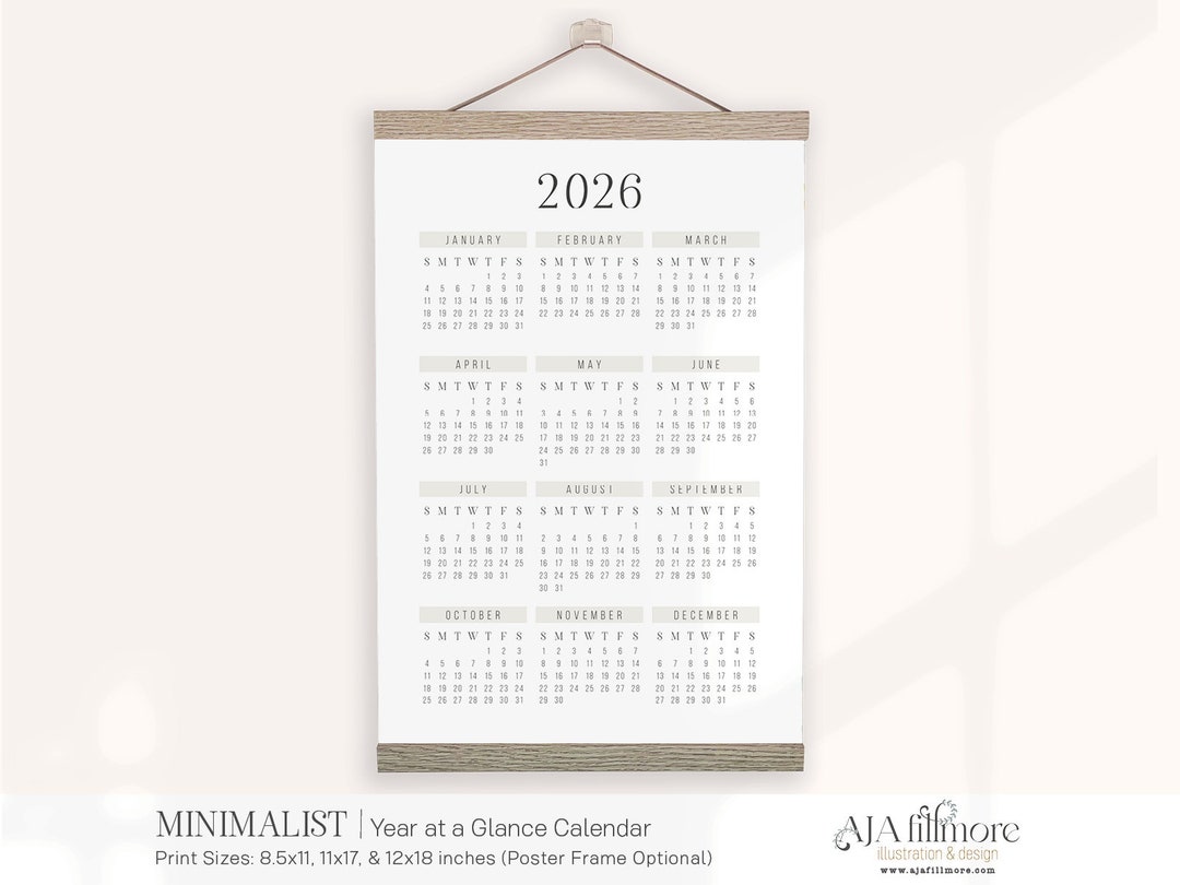 2026 Year at a Glance Calendar, 2026 Calendar, Wall Calendar, 2026 Wall