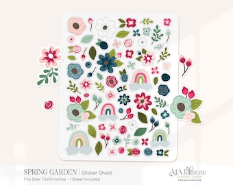 Floral Rainbow Sticker Sheet, Cute Vinyl Stickers for Planners, Scrapbooking, Journals, Pastel Aesthetic Stickers, Paper Crafts, Stickers