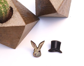 Magic lapel pins, white rabbit and top hat