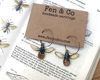 Honey bee earrings, dangle hoop earrings