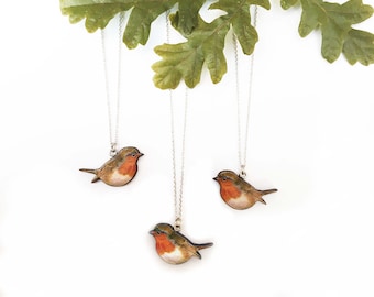 Rotkehlchen Halskette, Vintage Stil Anhänger, Birkenholz Schmuck