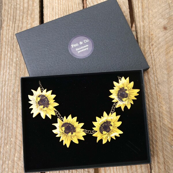 Sunflower necklace, yellow sunflower gift