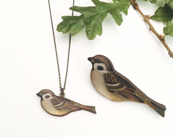 House sparrow necklace, or sparrow lapel pin