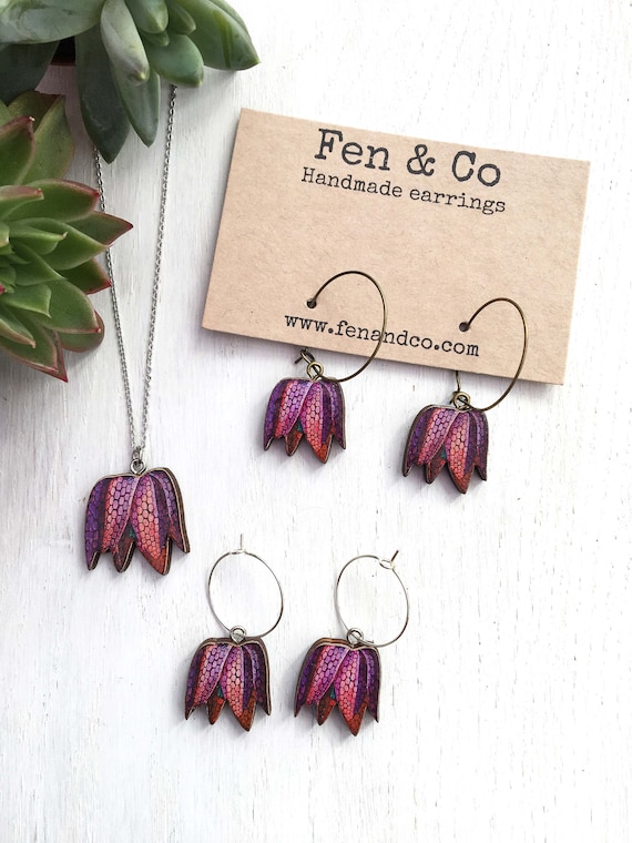 Fritillary Flower Hoop Earrings: Handmade Birch Wood Jewelry
